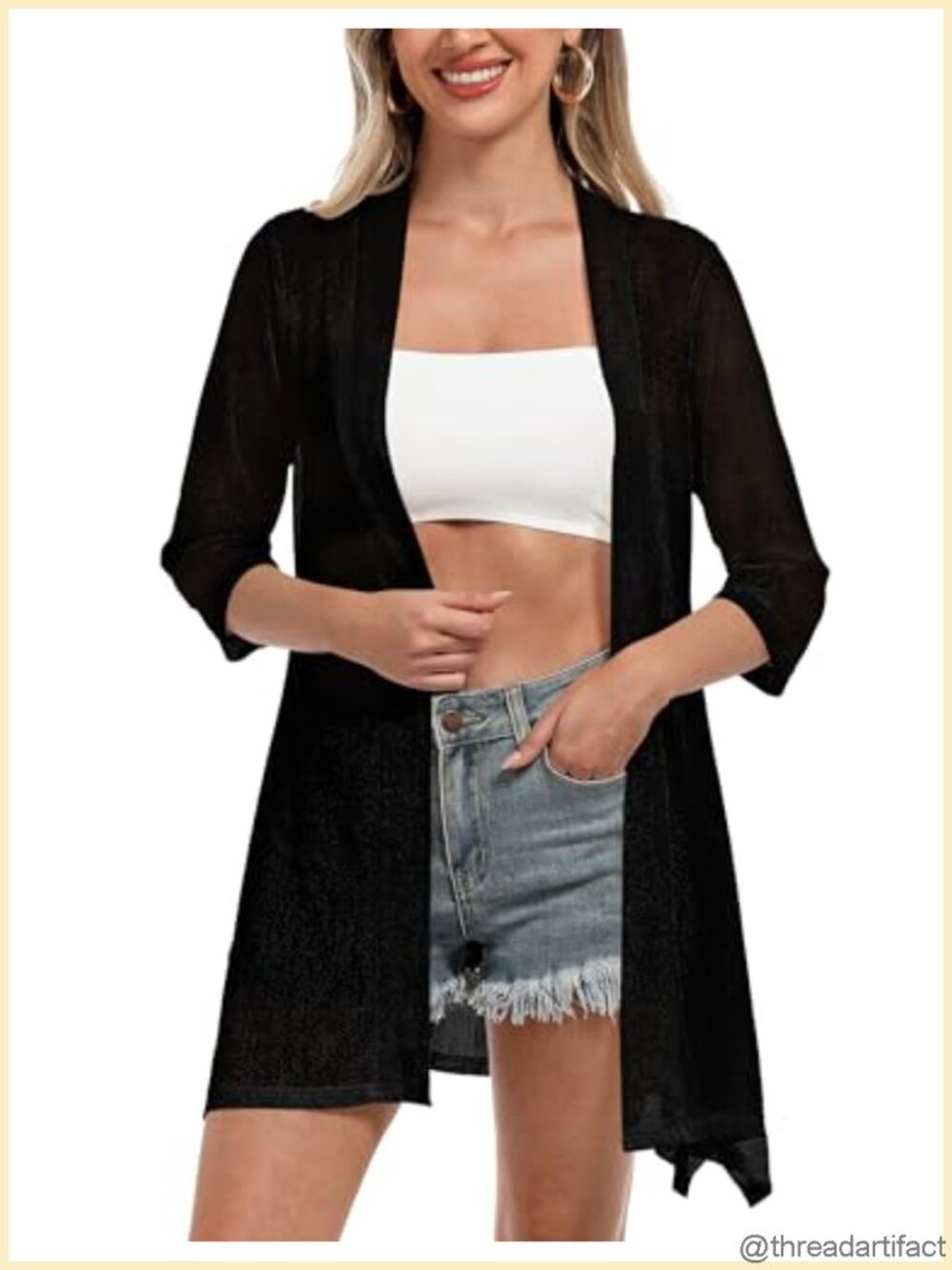 Women's Sheer Open Front Cardigan Sweater Kimono 3/4 Sleeve Lightweight